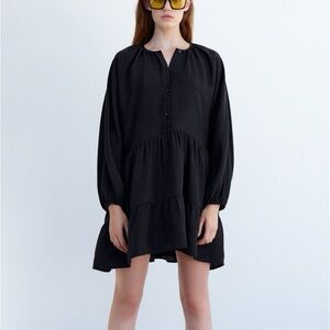 ZARA Long Sleeve Dress Boho Smock Black Button